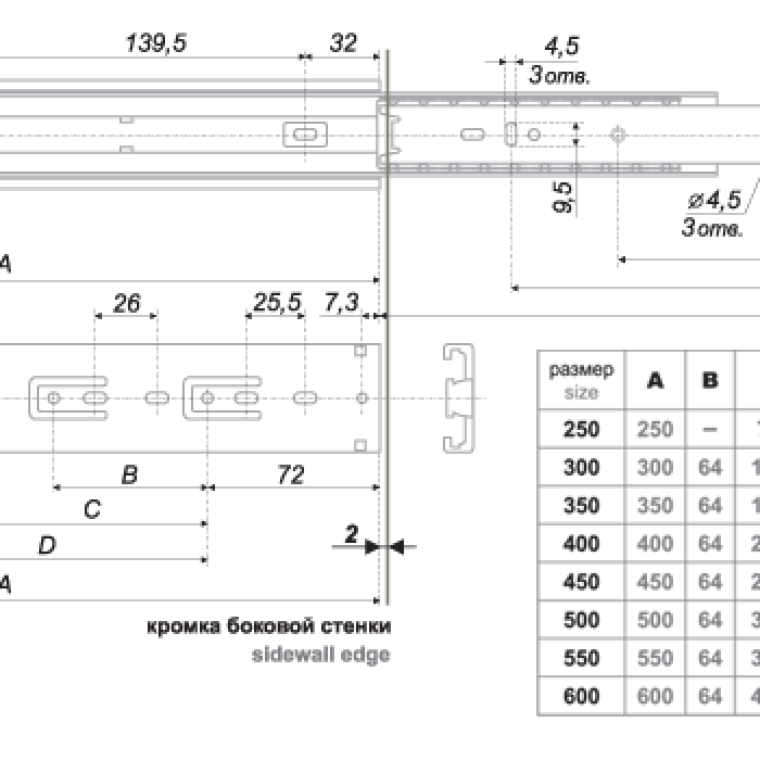 Шариковые направляющие BOYARD DB4501Zn/500