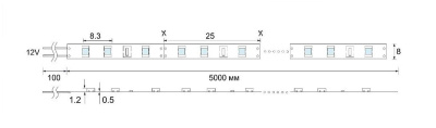 Светодиодная лента 2835 IP20 120 LED/м 9.6Вт/м 12В 2700-3000K теплый белый свет 5 м LED CRYSTAL