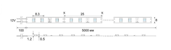 Светодиодная лента 2835 IP20 120 LED/м 9.6Вт/м 12В 2700-3000K теплый белый свет 5 м LED CRYSTAL